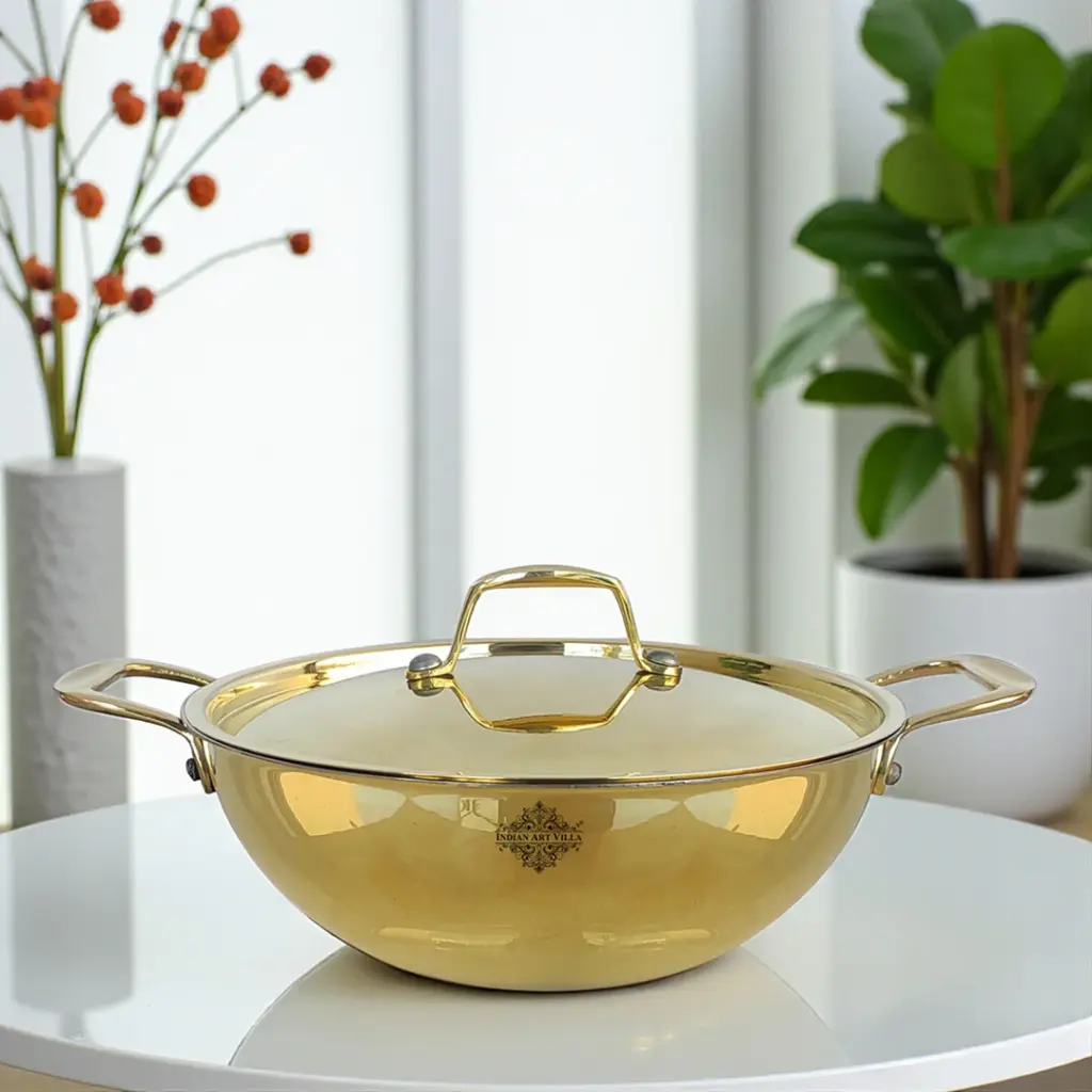 Pure Brass with tin Lining & Gold Finish Kadhai With Lid & Handle - 2700ML